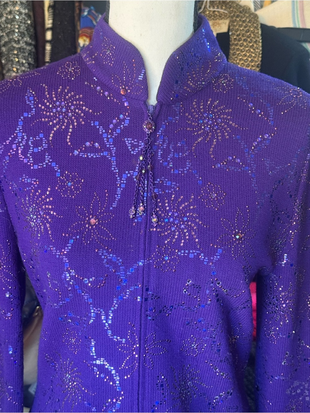 St. John Purple Sequin Zip-Front Stand-Collar Jacket brilliant blink size8 - Picture 3 of 5